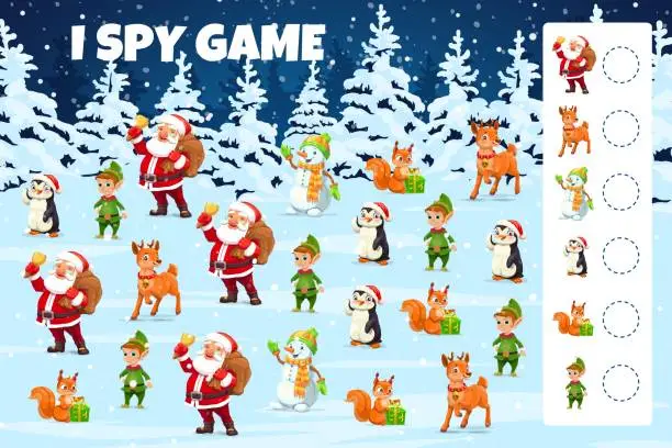 Vector illustration of Christmas i spy game with holiday characters task