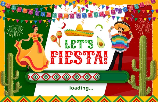 Mexican fiesta party holiday loading page. Mexico carnival of festival vector background or banner with flamenco dancer woman, mariachi musician character, papel picado garland, cactus and loading bar