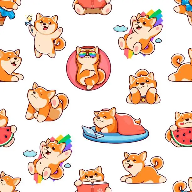 Vector illustration of Cartoon Shiba Inu dog characters seamless pattern