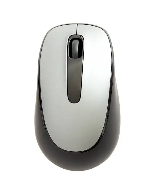 Photo of modern pc mouse from above on white