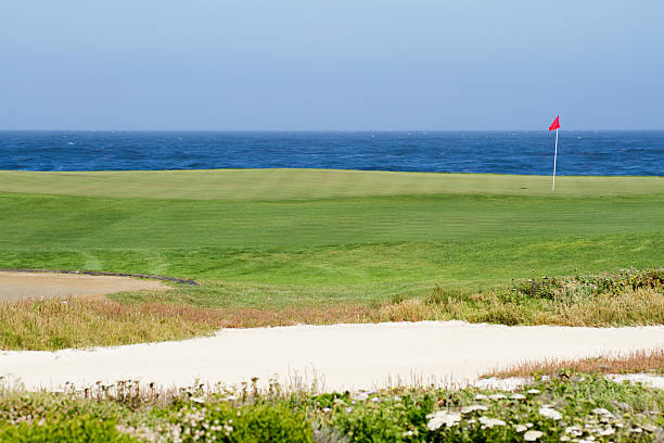 видом на океан и поле для гольфа - pebble beach california golf golf course carmel california стоковые фото и изображения