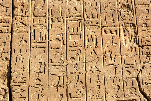 Priest making an offering to Isis and Osiris hieroglyphics at Temple of Philae in Aswan, Egypt.