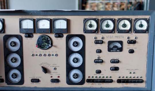 Front control board, Soviet-panel for radio locator .Fashioned USSR control board; old CCCP control desk.