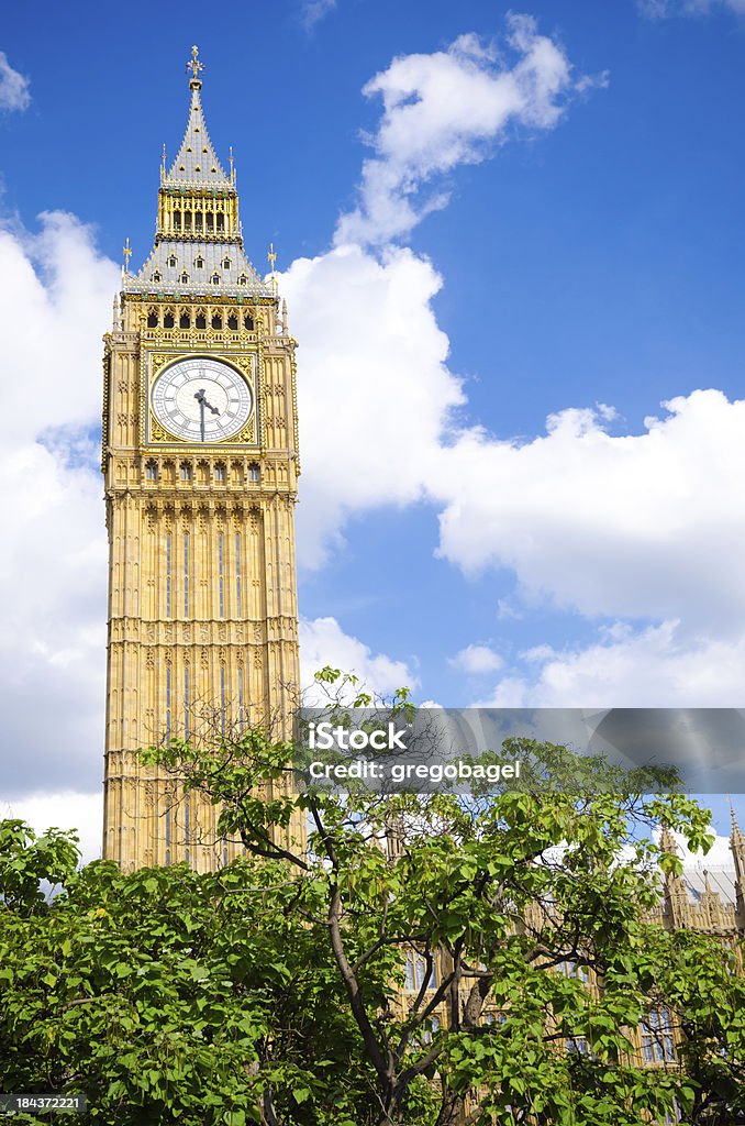 , com a torre do relógio Big Ben com árvores no Parlamento, Londres - Foto de stock de Big Ben royalty-free