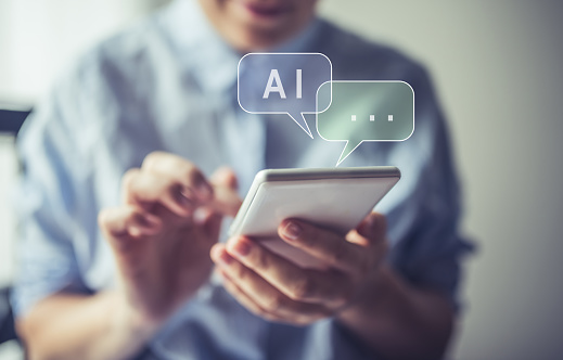 AI word made of many speech bubbles, chat conversation using artificial intelligence power chat bots