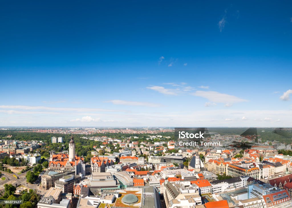 Leipzig Panorama, Germany Aerial view of Leipzig in Saxony, Germany with the new town hall, the federal court, Clara Zetkin Park, the stadium in background and the market. Aerial View Stock Photo