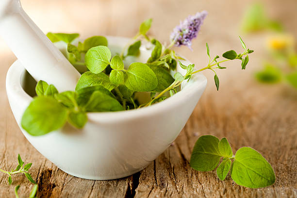 herbes de provence - stößel und mörser stock-fotos und bilder