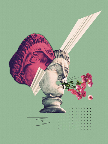 Leader or speaker. Collage with statue bust with flowers. Modern design. Contemporary colorful and conceptual bright collage.