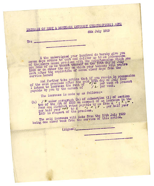 Notice to quit or increase of rent, 1929 A carbon copy of a letter, dated 1929, to a tenant from a landlord, offering the choice of paying more rent or getting out! 1929 stock pictures, royalty-free photos & images