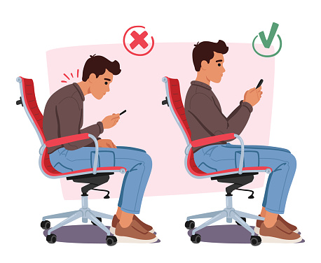 In The Wrong Posture, Male Character Slouches On A Chair, Hunched Over The Smartphone. In The Proper Posture, He Sits Upright, Maintaining A Balanced And Ergonomic Position While Using The Device