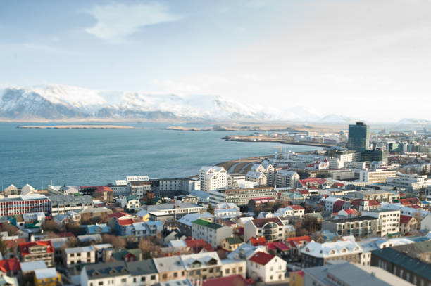 tilt shift view of downtown Rekyavik Iceland and Mount Esja stock photo