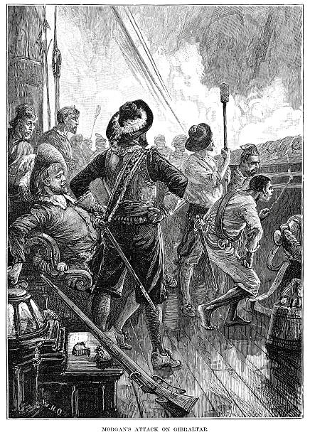 Captain Henry Morgan's attack on Gibraltar "Vintage engraving from 1878 showing Captain Henry Morgan's attack on Gibraltar, Venezuela. Morgan was a Welsh Admiral, a privateer, and a pirate who made a name for himself during activities in the Caribbean, primarily raiding Spanish settlements." crewmembers stock illustrations