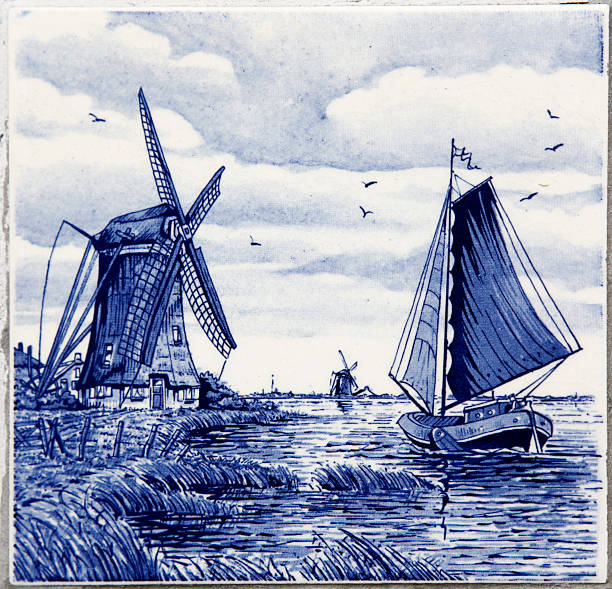 Painter Delfts beautiful blue painting of sailing  Antique seventeenth century Delft blue and white tyle dutch culture photos stock pictures, royalty-free photos & images