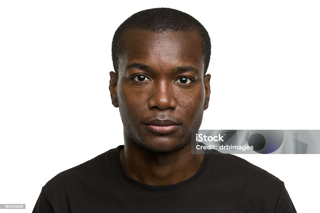 Serious Young Man Blank Expression Mug Shot Portrait Portrait of a man on a white background. Men Stock Photo