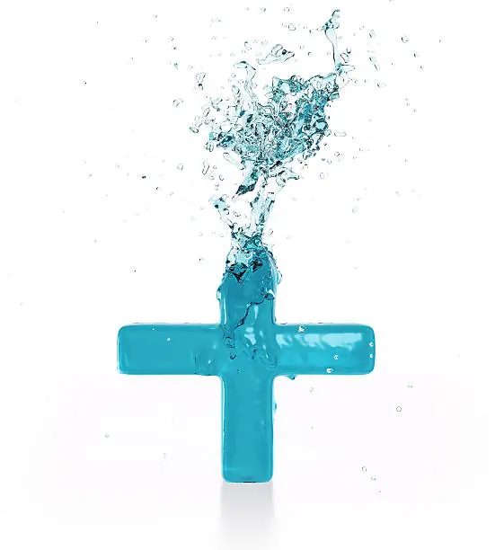 3D rendering of Plus Symbol made of aqua splashing liquid isolated on white background.