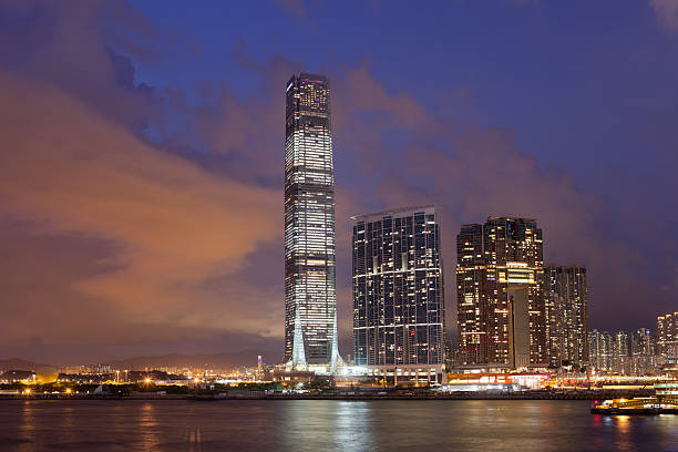 Hong Kong Tallest Skyscraper "Hong Kong's West Kowloon district, with the landmark International Commerce Centre building. The skyscraper is Hong Kong's tallest building. (118 floor, 484 m)" international commerce center stock pictures, royalty-free photos & images