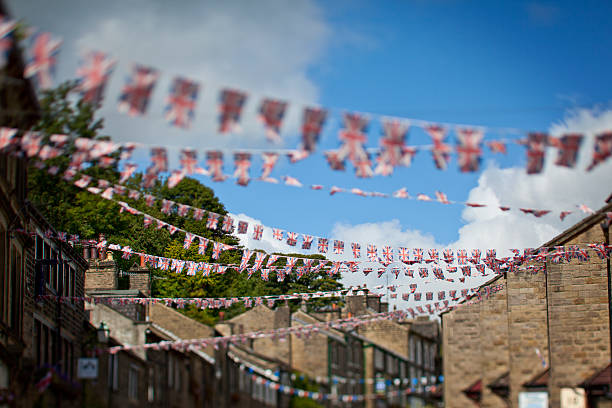 Colourful Union Jack Bunting in UK Town of Howarth The Home Of The Bronte SistersShot with tilt and shift - very narrow depth of field