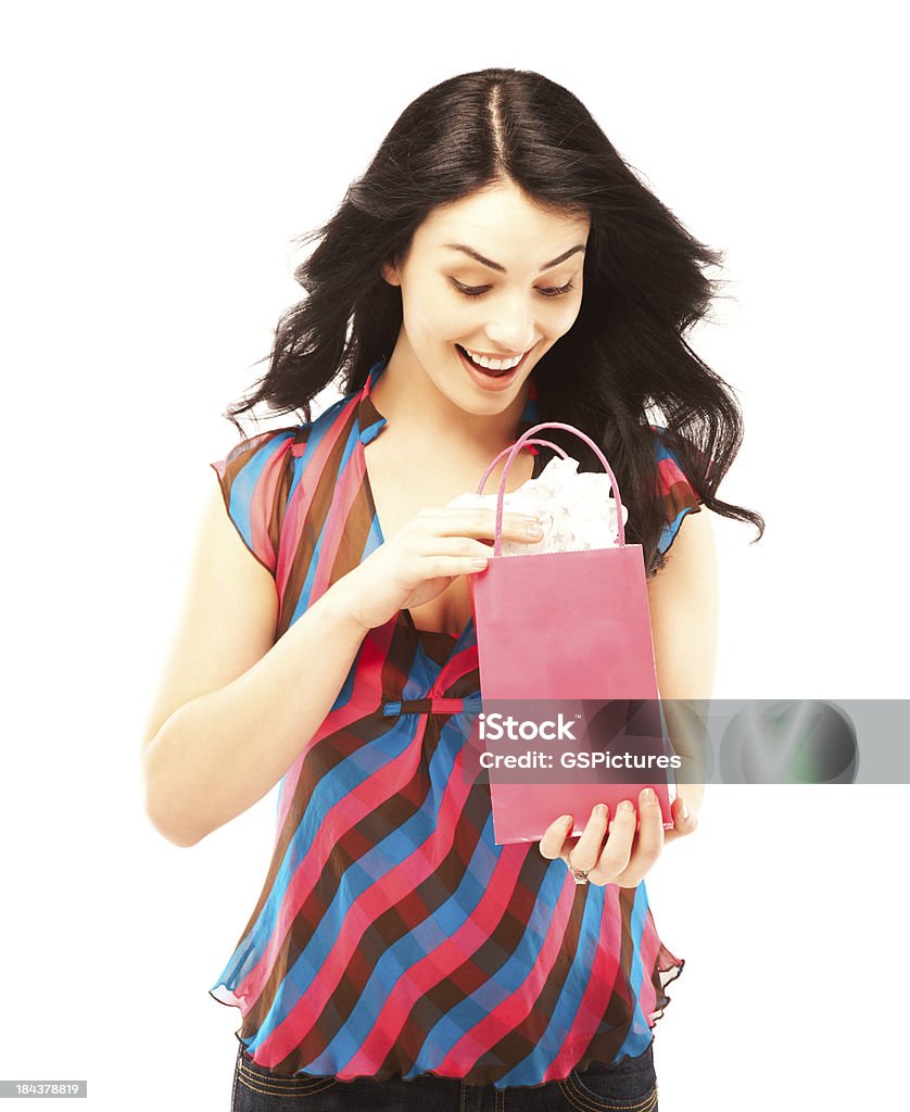 Bella donna riceve un dono per occasioni speciali - Foto stock royalty-free di Borsa della spesa