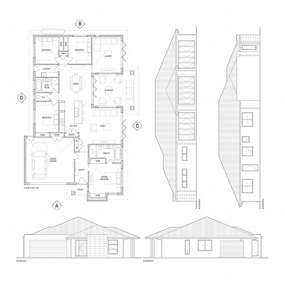 Floorplan and elevations of a modern home design. Home design is my own.