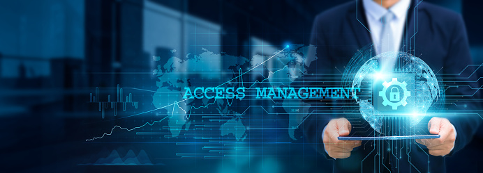 Access management, streamlined workflows, and businessmen use tablets and collaborate with the structure of secure networks for futuristic technological, economic, and business development.
