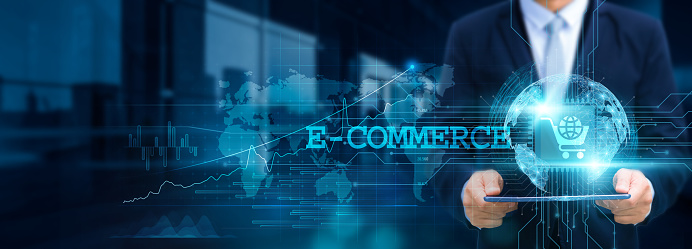 E-commerce, businessmen use tablets and innovative software with the structure of online platforms on networks for futuristic retail, digital payment, and customer experience development.