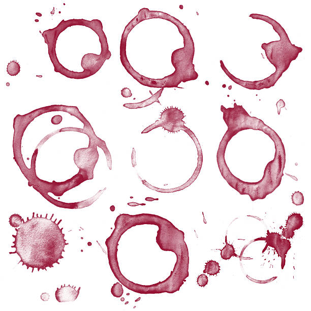 Set of variuos wine stains isolated on white Wine glass stains isolated on white background.More various splatters: wine glass knocked over stock pictures, royalty-free photos & images