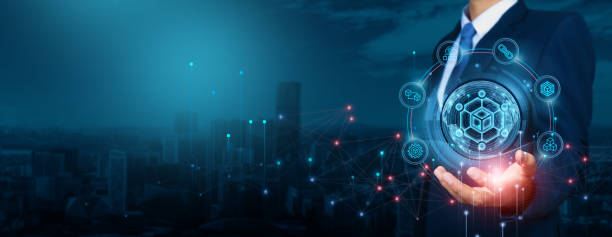 istock Businessman analyzing blockchain technology growth goals and company innovation, implementing strategy and adoption for target In-depth analysis of blockchain integration. 1843805681