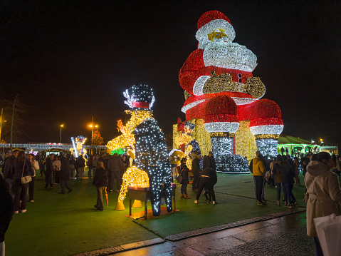 Agueda, Portugal - December 9, 2023: Christmas decorations on the city streets. Chistmas market.