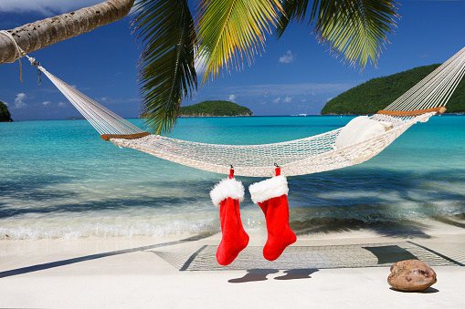 Christmas stocking on a hammock at the tropical Caribbean beach