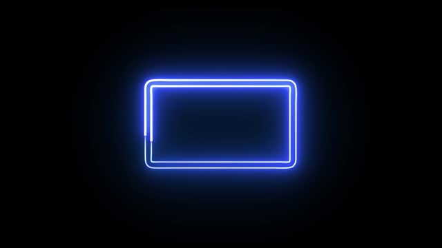 Blue color rectangle frame of energy neon icon animated on a black background.