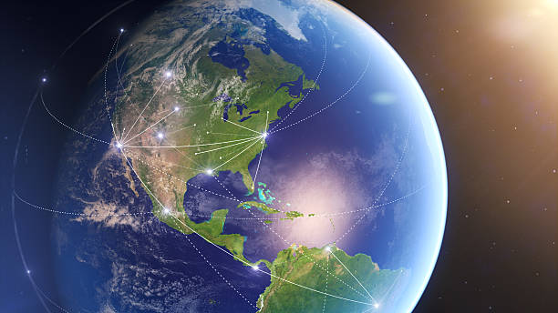 Global Connections USA "Global connections for social, business, trade & transport, internet.Maps courtesy of NASA.See also:Europe and Asia versions:" central america photos stock pictures, royalty-free photos & images