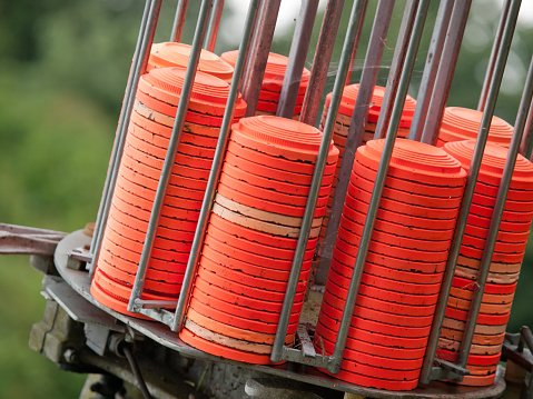 Orange clay pigeons fired from a trap