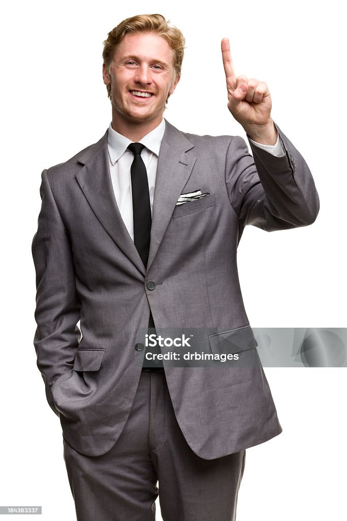 Feliz hombre en traje de un dedo de un gesto de mano - Foto de stock de Traje libre de derechos