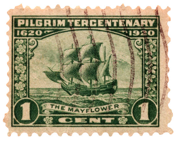 istock Pilgrim Tricentenary Postage Stamp with Mayflower 184384447