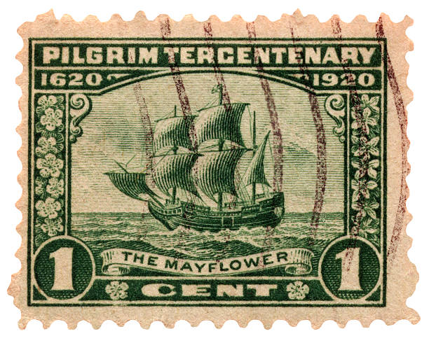 Pilgrim Tricentenary Postage Stamp with Mayflower stock photo