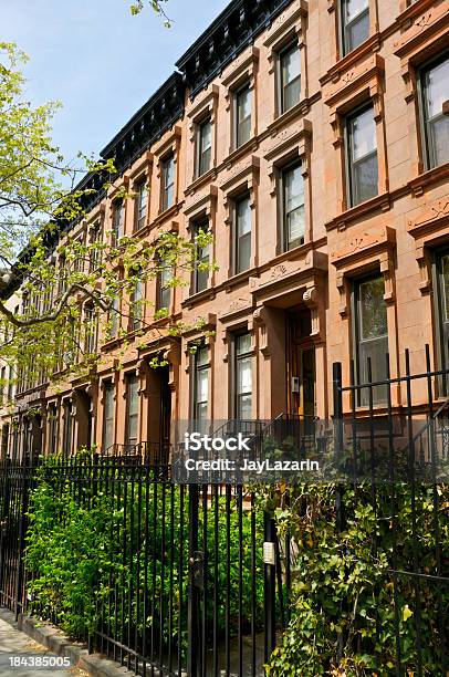 Fila Di Case In Pietra Arenaria Park Slope A Brooklyn New York City - Fotografie stock e altre immagini di Albero deciduo