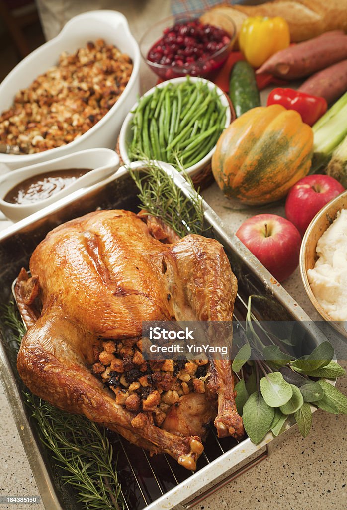 Thanksgiving Roast Turkey Dinner with Stuffing, Cranberries, Potato and Vegetables "Subject: A Thanksgiving dinner with roast turkey and all the accompaniments such as cranberry sauce, stuffing, gravy, mashed potatoes, squash, green beans, sweet potatoes and apples.Location: USA." Holiday - Event Stock Photo