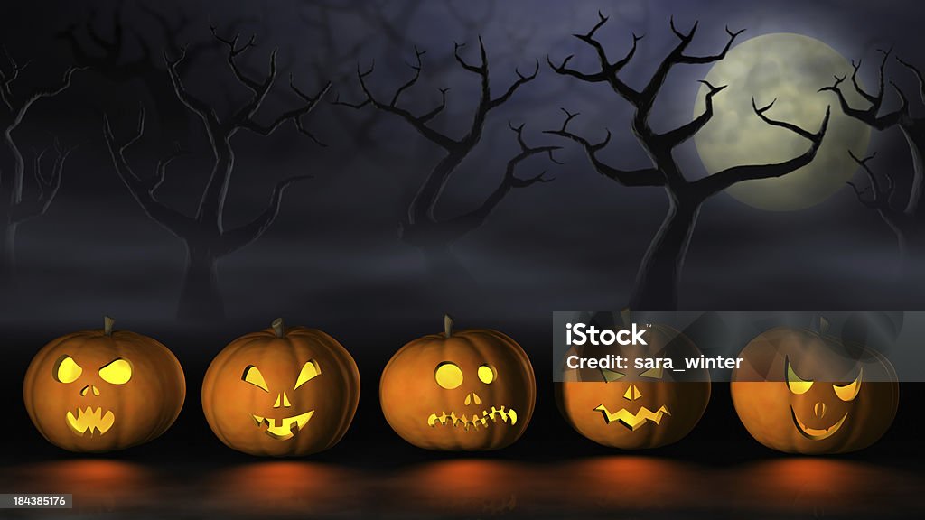 Row of Halloween pumpkins in a spooky forest at night A row of different Halloween pumpkins in a spooky forest at full moon. 3D render. Autumn Stock Photo