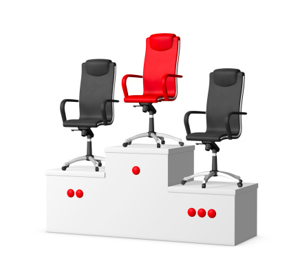 Three leather office armchairs stands on a pedestal. 3d render
