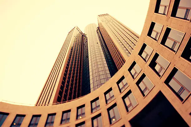 "Business towers in the sun, Tilt shift lens was used"