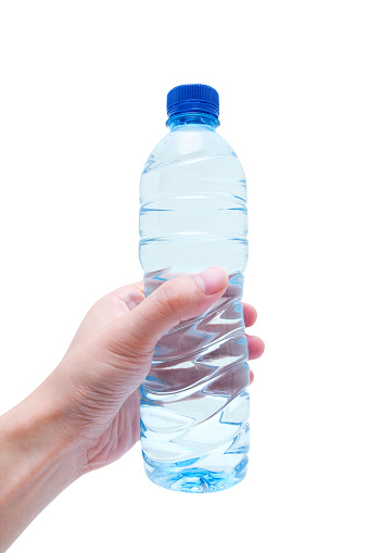 Holding Water bottle isolated on white background. (Clipping Path!)