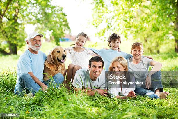 Duże Rodziny Z Dziadkami Siedzi W Trawie - zdjęcia stockowe i więcej obrazów Pies - Pies, Rodzina, Dziadek i babcia