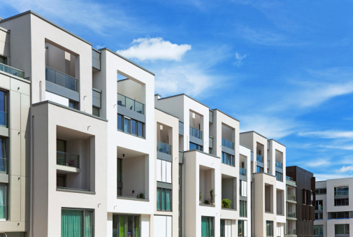 New apartment building with colorful facade and street in Istanbul, Turkey