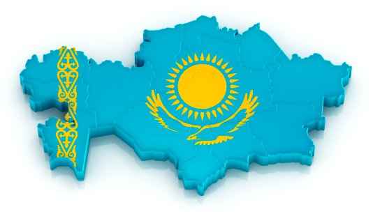 Republic of Kazakhstan map with flag. Provinces also visible. Digitally generated 3D image. Isolated on white background.