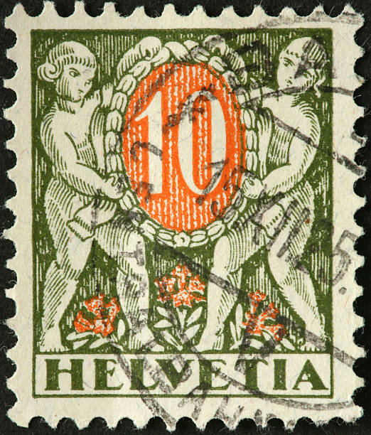 istock two cherubs holding the number 10 on a Swiss stamp 184386809