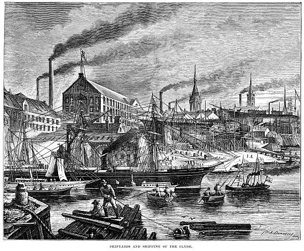 Shipyards and shipping of the Clyde "Vintage engraving from 1878 of the Shipyards and shipping of the Clyde, Scotland" clyde river stock illustrations