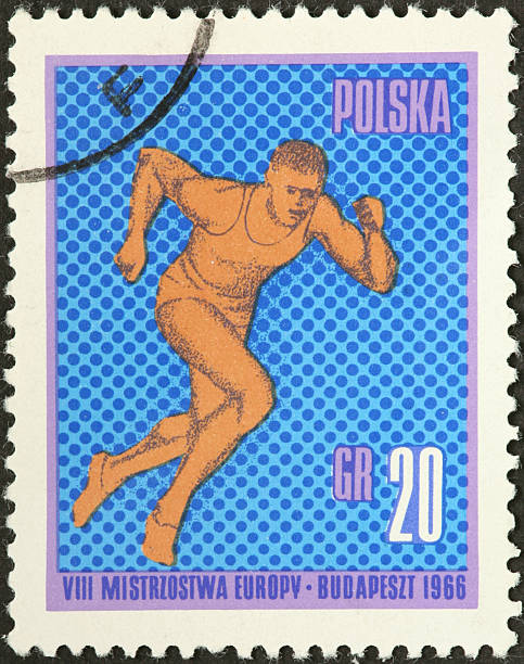 istock sprinting athlete on and old Polish postage stamp 184387605