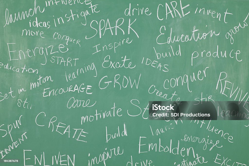Classe Chalkboard con parole motivazionali in tutto il - Foto stock royalty-free di Parola
