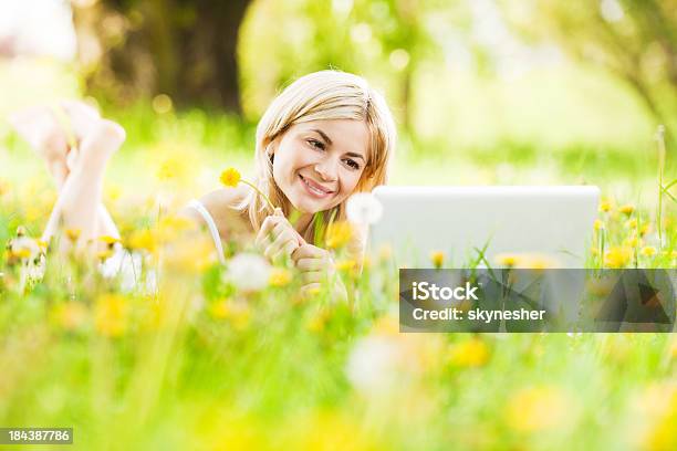 Lächelnde Frau Liegen Und Mit Ihrem Laptop In Der Natur Stockfoto und mehr Bilder von Arbeiten
