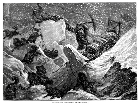 Vintage engraving from 1878 showing a Arctic explorers crossing Hummocks of Ice and Snow